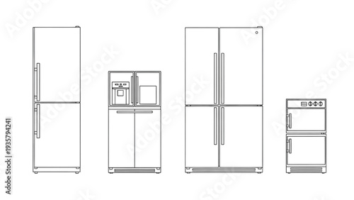 Collection of kitchen appliances including refrigerators and oven