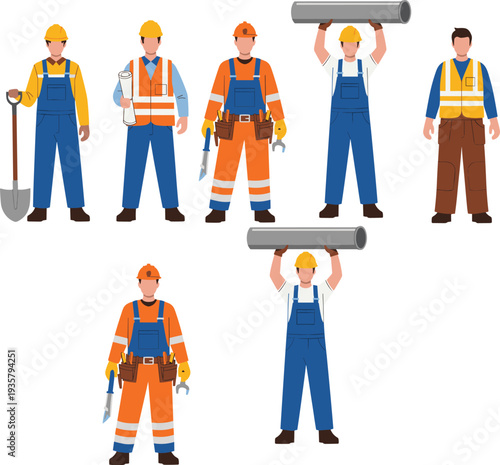 Construction workers collection vector set, builders with tools and safety helmets, industrial labor team characters, engineering workforce illustration