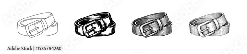 Four classic men's belt vector illustrations in different monochrome graphic styles, including simple line art, solid black, detailed hatching, and stippling