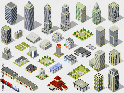 Isometric cityscape illustration with diverse buildings and green spaces
