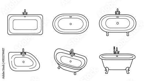 Variety of Bathtub Line Icons for Interior Design, Hygiene and Relaxation Concepts