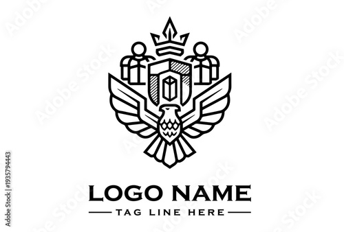 Black and white emblem logo featuring a building with wings, crown, and people, symbolizing joint forces, on a clean background.