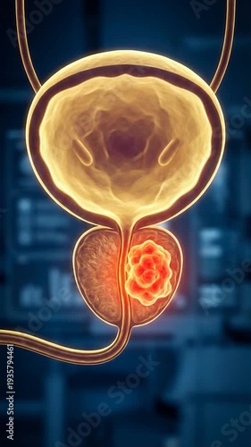 Urinary System Anatomy: A detailed, illuminated view of the urinary system reveals the bladder, prostate, and related components.