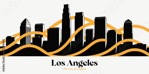 USA, US, U.S, United States - Luxury Black & Gold Los Angeles Skyline Silhouette – Ultra‑Wide Vector Poster Design | California USA Modern Cityscape Art