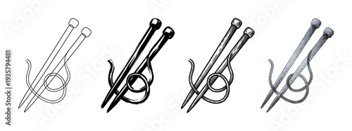 Set of four knitting needle icons with yarn shown in various artistic styles including line art, ink sketch, engraving, and stippling for a crafting or hobby concept