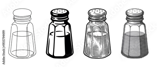 Set of four salt shaker illustrations in various graphic styles, including line art, silhouette, vintage engraving, and halftone dot pattern for design elements