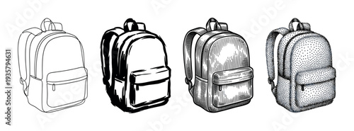 Four black and white backpack illustrations show different artistic styles including line art, brush stroke, engraving, and stippling for a collection of graphic designs