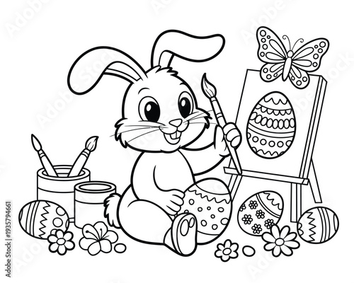 Whimsical bunny artist diligently paints a festive Easter egg on canvas with brushes and colorful supplies