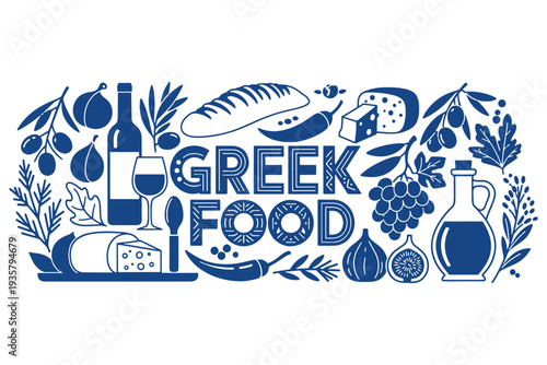 A blue and white graphic illustration of Greek food and drink with various ingredients.