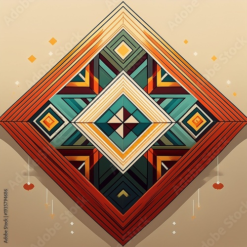 minimalist border composition using interlocked diamond and chevron patterns derived from traditiona