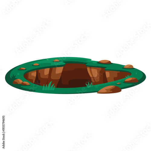 Ground big hole with visible soil layers and green grass on top suitable for geology agriculture excavation and nature education concepts