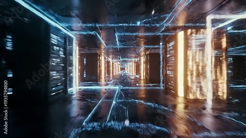 Sci-fi tunnel with illuminated pillars fading into the distance, textured with light streaks