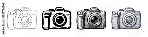 Four hand-drawn vintage camera illustrations in different artistic styles, including line art, brushstroke, engraving, and stippling, showing a creative collection of retro photo equipment