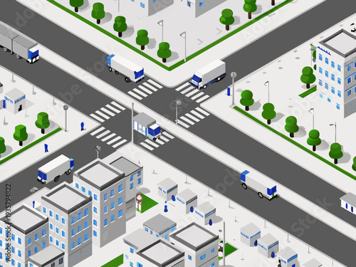 Isometric illustration of a busy city street with vehicles and buildings