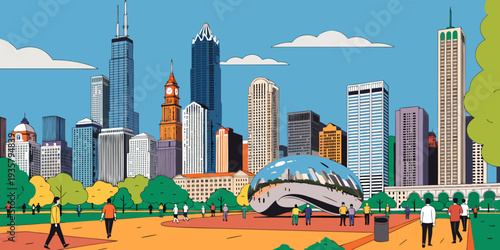 USA, US, U.S, United States - Millennium Park Skyline with Reflective Sculpture – Panoramic Clean Flat Vector Illustration | Chicago Illinois USA Modern Cityscape Art