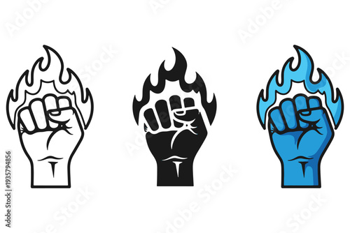 Three fists with flames rising from them in black, white, and blue colors on a white background