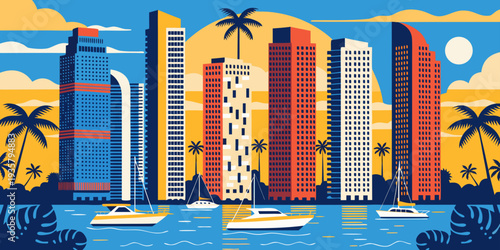 USA, US, U.S, United States - Luxury Miami Waterfront High‑Rise Skyline at Sunset – Clean Ultra‑Wide Panoramic Flat Vector Illustration | Florida USA Coastal Cityscape Art