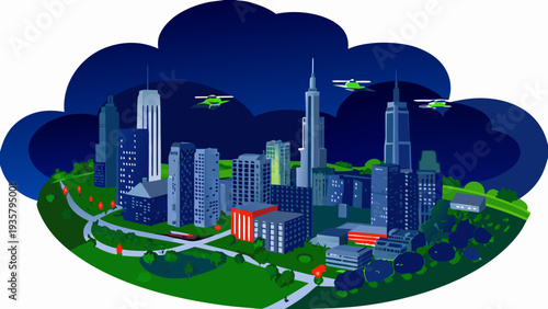 Stylized cityscape with skyscrapers green spaces and hovering helicopters