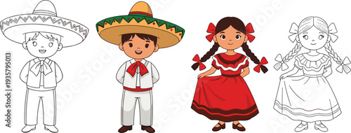 Mexican children wearing traditional festive costumes, boy in sombrero and girl in red dress, coloring book page and colored illustration