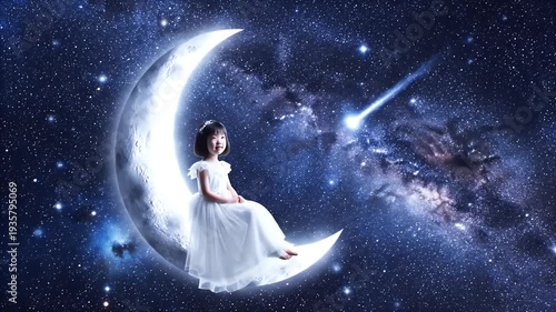 Girl on the Moon in the starry night sky with a shooting star.