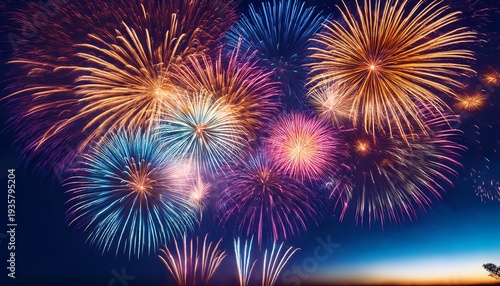 top portion of image shows multicolored fireworks lighting up a dark indigo sky