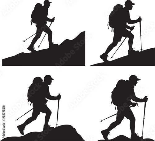 Silhouettes of male hikers with backpacks and trekking poles ascending various inclines on a white background