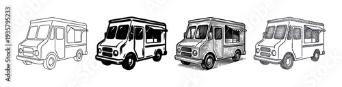 Set of four food truck illustrations presented in a row, showcasing different artistic styles like simple line art, bold ink, detailed engraving, and stippling