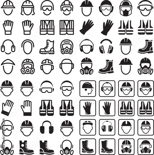 Extensive grid of personal protective equipment icons for various workplace safety needs