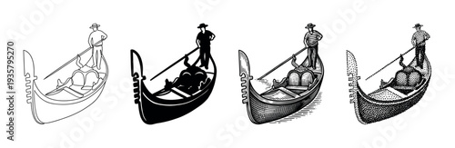 Four traditional gondola boat with gondolier illustrations in different artistic styles including line art, silhouette, engraving, and stippling for a classic look