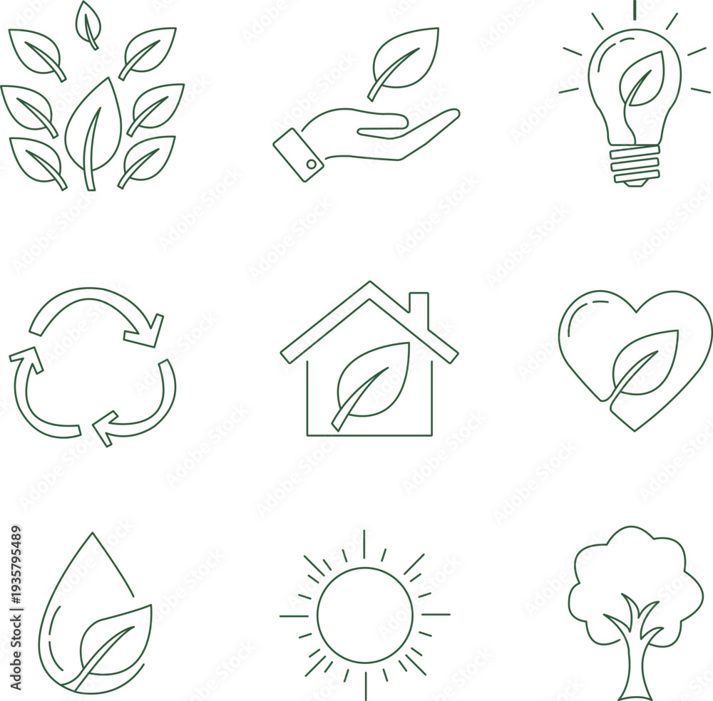 Fototapeta premium Eco friendly sustainable living icons set for green energy and environmental conservation vector illustration
