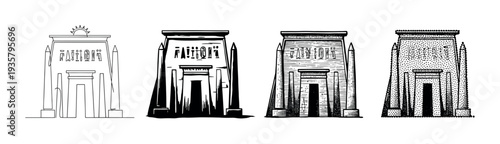 Four ancient Egyptian temple pylon illustrations in a row showcase different artistic styles including line art, solid ink, hatching, and stippling for a historical architectural study