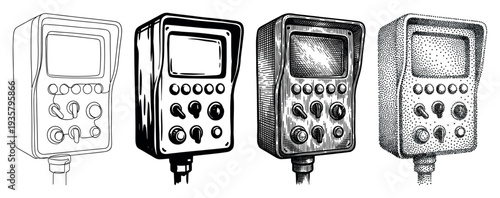Four retro industrial control panel illustrations showcasing different graphic art styles, including detailed engraving, stippling, continuous line art, and bold black and white ink