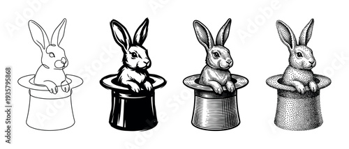 Set of four rabbit in a top hat illustrations showcasing different artistic techniques like one-line drawing, ink sketch, vintage engraving, and stippling dotwork
