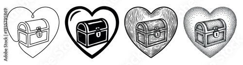 Four black and white heart-shaped icons with a locked treasure chest inside, illustrated in diverse graphic styles including continuous line, woodcut, stencil, and pointillism