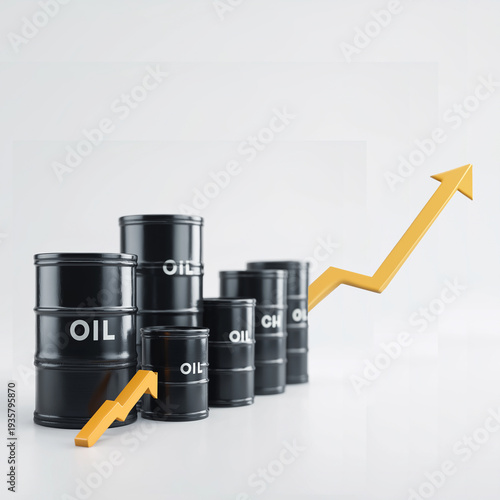 Oil barrels arranged in rising steps with a growing yellow arrow symbolizing increasing market prices. White background.