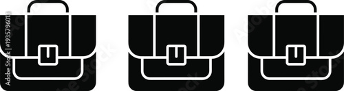 Black briefcase icons set for business professional office work documents and laptop storage isolated on white background for corporate portfolio and management.