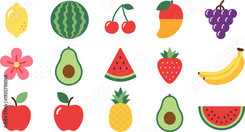 Colorful Fruit Icon Collection with Watermelon, Strawberry, Banana, Apple, Avocado, Grapes, Pineapple and Tropical Fruits for Healthy Food and Nutrition Design