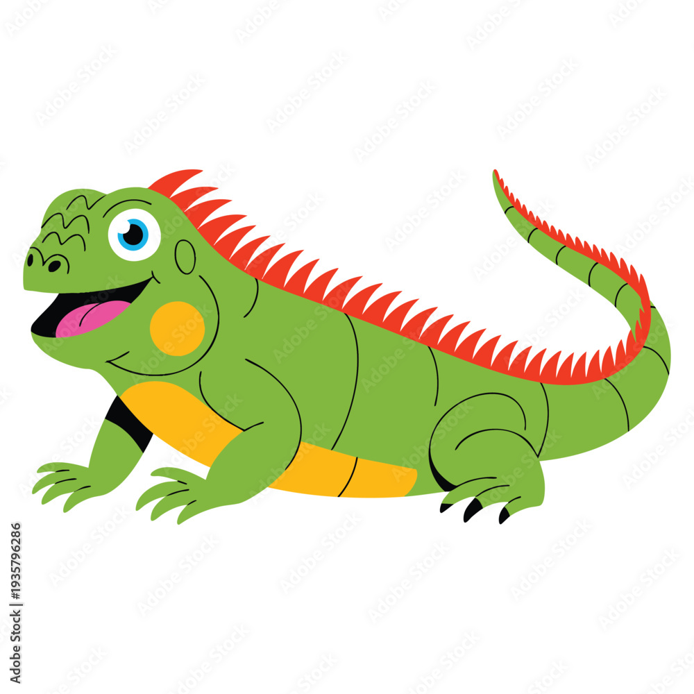 Fototapeta premium Happy iguana cartoon isolated on white background illustration representing reptile character, tropical wildlife and fun animal design