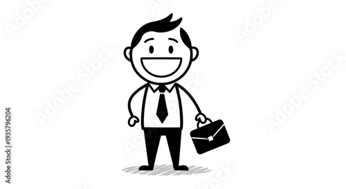 Smiling cartoon businessman holding a briefcase in black and white illustration.