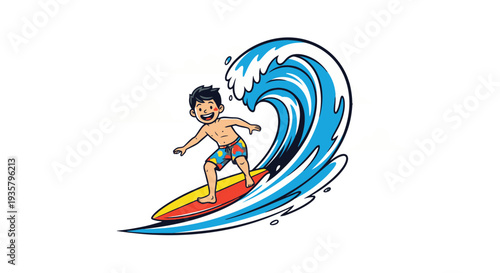 Young boy riding a surfboard on a large ocean wave.