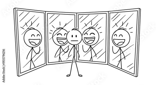 Stick figure with multiple reflections showing different emotions.