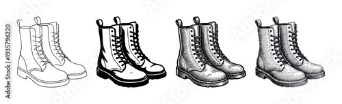 Four pairs of black and white combat boots illustrated in various artistic styles including line art, graphic, engraving, and stippling for a retro, hand-drawn aesthetic
