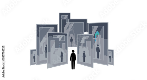 Man standing in front of multiple mirror reflections showing various silhouettes.