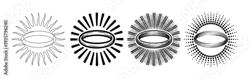 Four abstract sunburst halo ring icons in different graphic styles including line art, bold silhouette, detailed engraving, and dotted halftone pattern