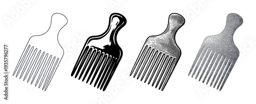 Four black afro pick hair combs presented in a collection of graphic styles from simple outline and solid icon to detailed engraving and modern stippling art