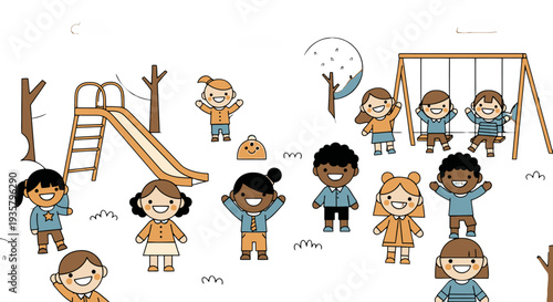 Diverse children playing together on a playground with swings and slide.