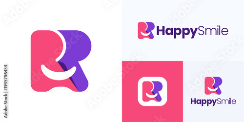 Creative abstract happy smile logo icon design vector illustration template, or symbol emblem initial letter R sign integrated with smiling mouth for app and identity business company