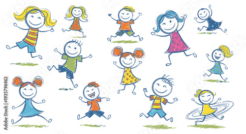 Group of happy children running and playing together.