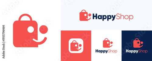 Creative simple happy shop or smile store with minimal bag, logo icon design vector illustration, Symbol shopping bag with smiling for e commerce, store logo, online store, business identity, and app