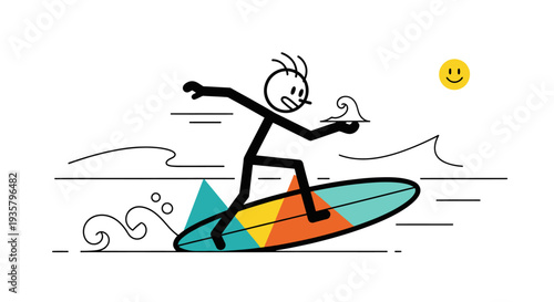 Stick figure surfing on a colorful surfboard in the ocean.